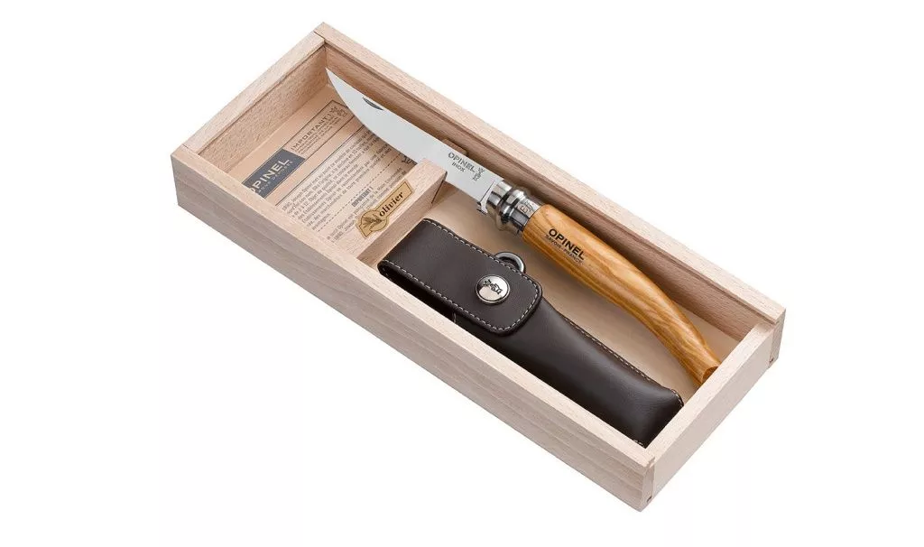 Нож складной филейный Opinel №10 VRI Folding Slim Olivewood в деревянном кейсе и с кожаным чехлом с доставкой по России и в Казахстан | Bready