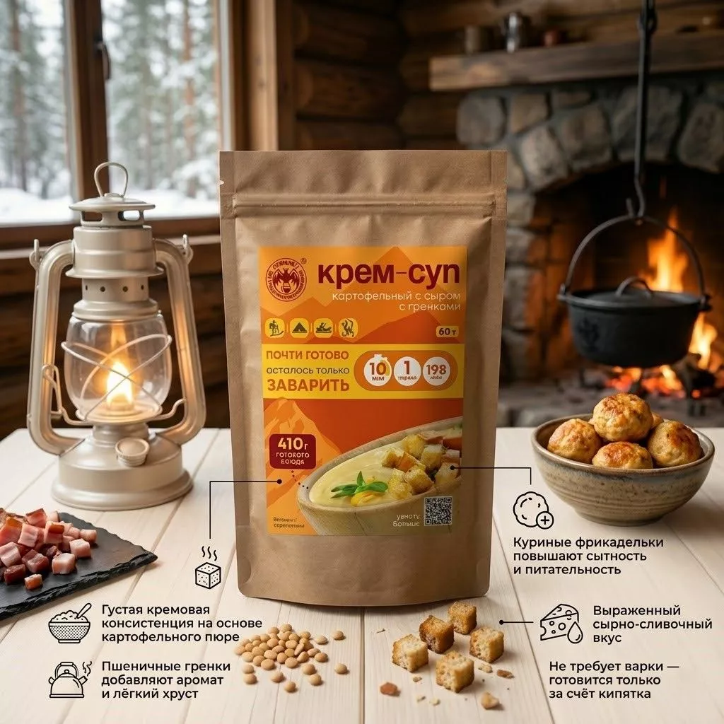 Крем-суп картофельный с сыром, гренками и мясом СПЕЦПИТ Крафт 60 гр. с доставкой по России | BreadyФото 1