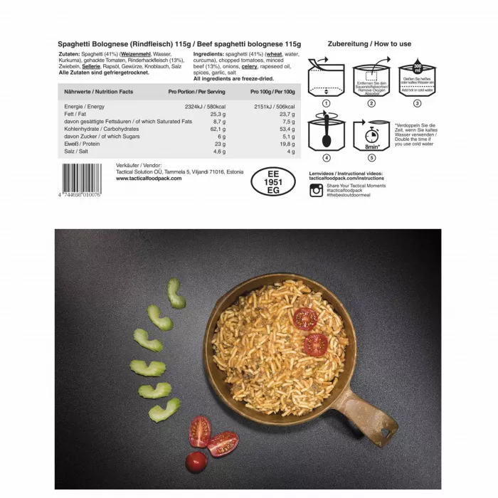 Спагетти болоньезе Tactical Foodpack SPAGHETTI BOLOGNESE and BEEF 115 г с доставкой по России и в Казахстан | Bready