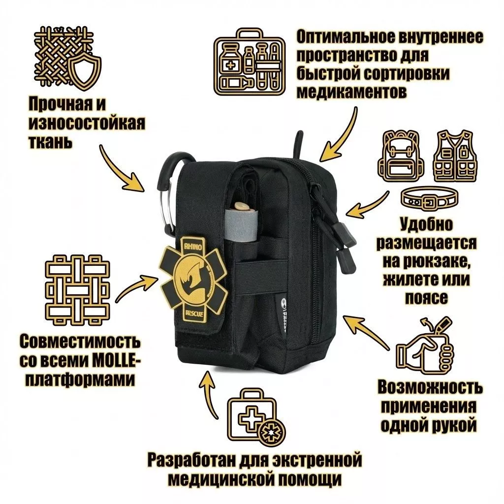 Тактическая аптечка первой помощи RHINO Rescue Tactical Bag Outdoor Molle Military (чёрная) с доставкой по России | BreadyФото 1