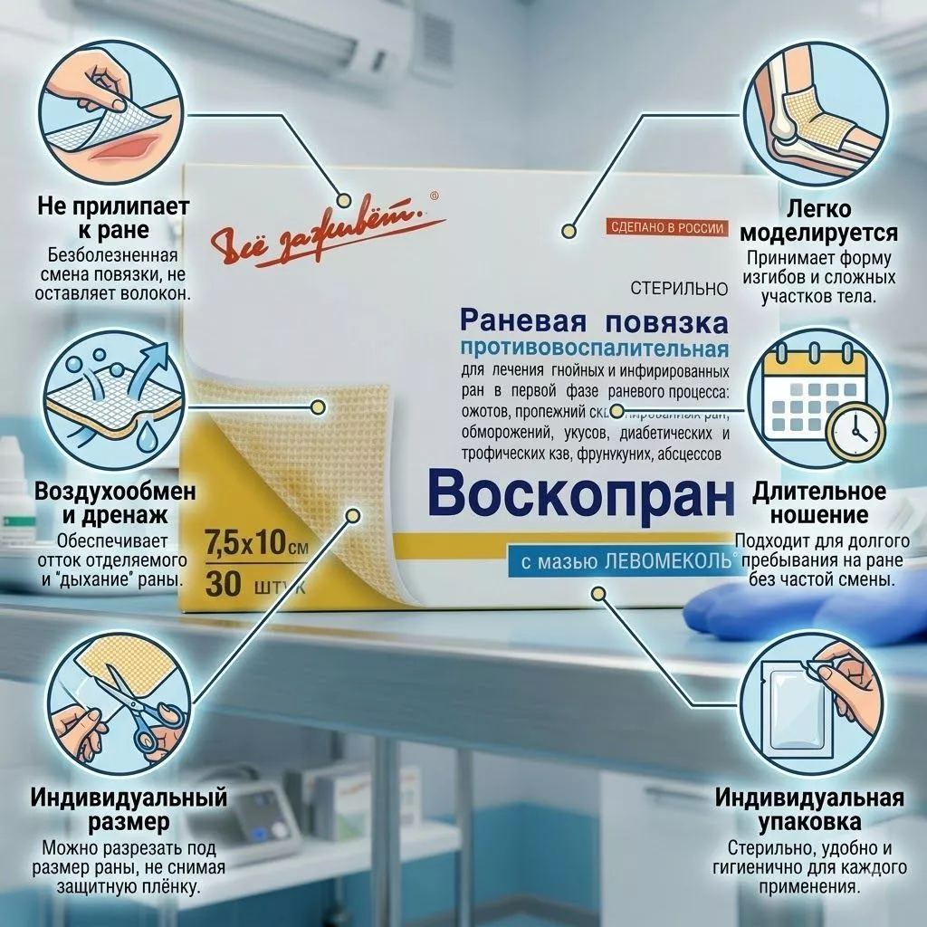 ВОСКОПРАН повязка атравматическая с восковым покрытием 7,5х10 см №1 с доставкой по России | BreadyФото 1