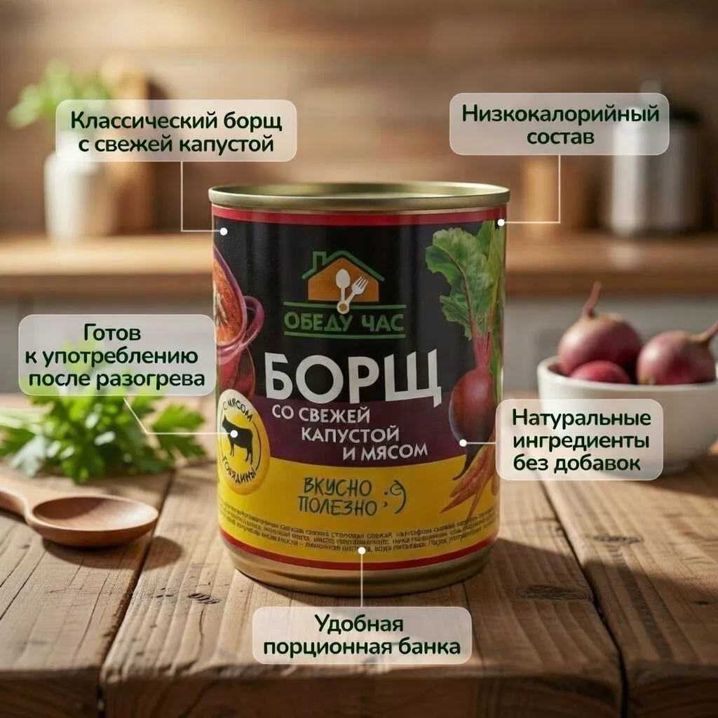 Борщ со свежей капустой и мясом, ж/б 9, 360 г (Обеду час) с доставкой по России | BreadyФото 1