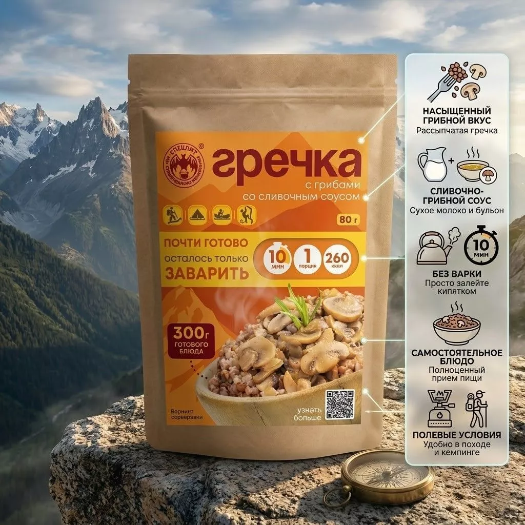Гречка с грибами в соусе со сливочным вкусом СПЕЦПИТ Крафт 80 гр. с доставкой по России | BreadyФото 1