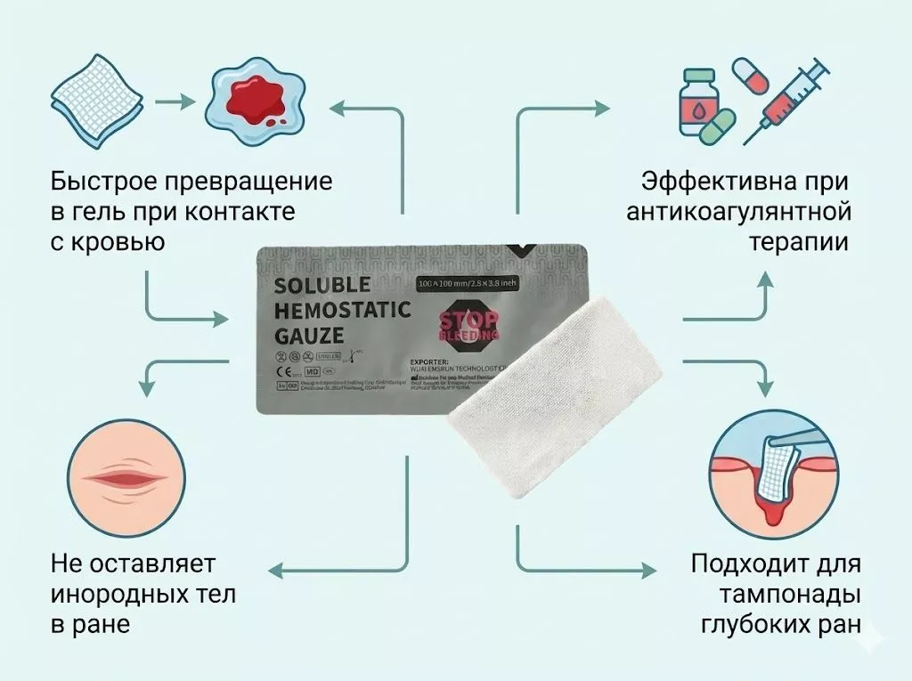 Гемостатическая растворимая повязка SOLUBLE HEMOSTATIC GAUZE 100x100 мм с доставкой по России | BreadyФото 1