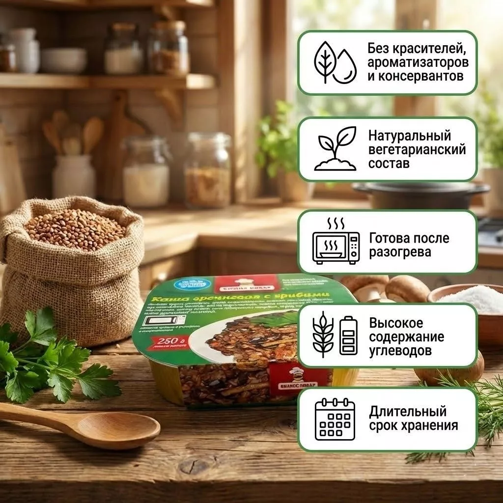 Каша гречневая с грибами Л4, 250 г (Бизнес Повар) с доставкой по России | BreadyФото 1