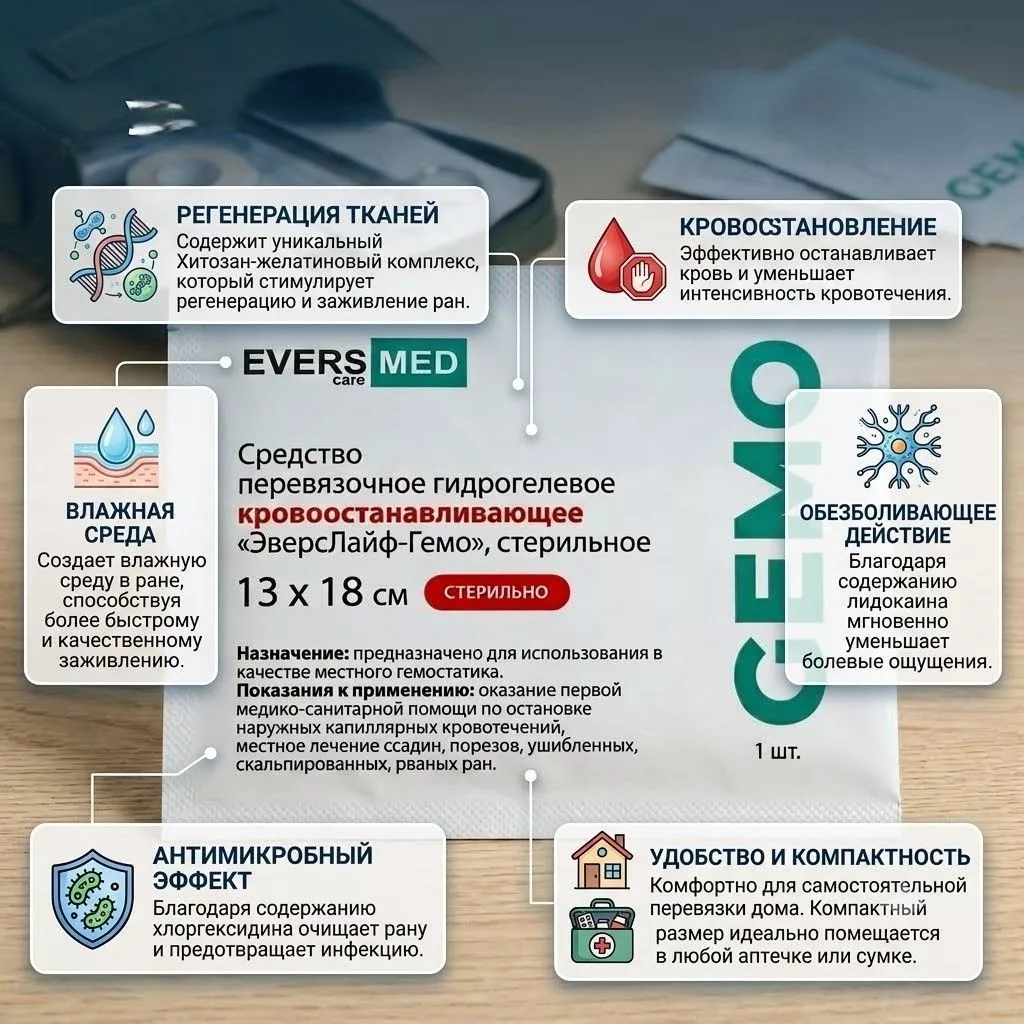 Средство преревязочное гидрогелевое кровоостанавливающее ЭверсМед-Гемо 13х18см. с доставкой по России | BreadyФото 1