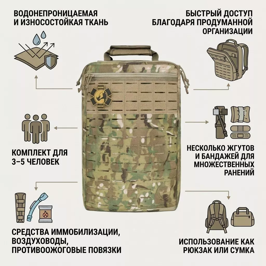 Аптечка рюкзак тактический с наполнением R9 Rhino Rescue 20L1000D (мультикам) с доставкой по России | BreadyФото 1