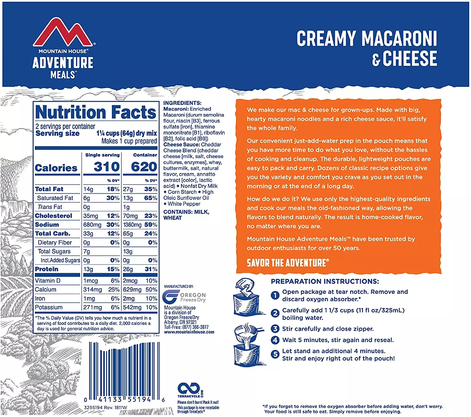 Макароны с сыром Mountain House Маунтин Хаус CREAMY MACARONI & CHEESE 128 г с доставкой по России и в Казахстан | BreadyФото 2