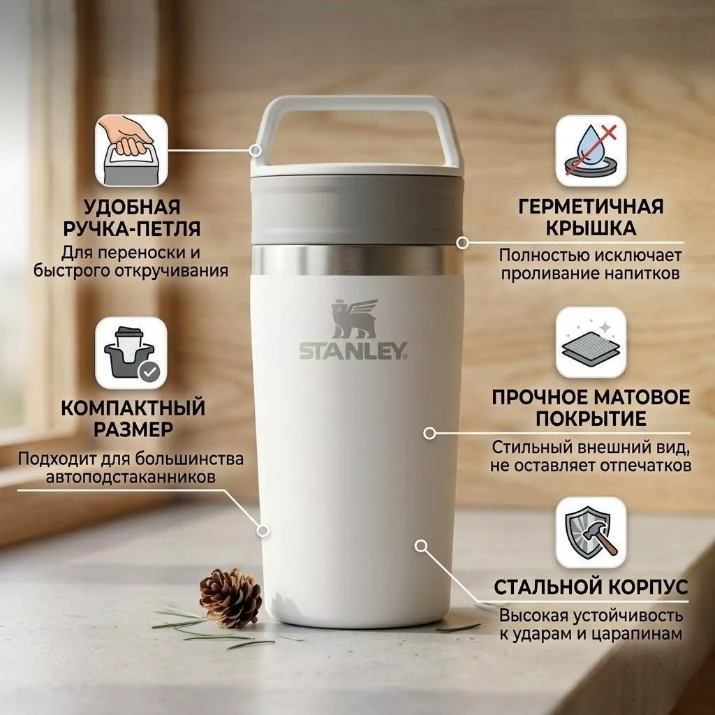 Термокружка Stanley Adventure Shortstack Travel Mug 235ml (белая) 10-13321-002 с доставкой по России | BreadyФото 1