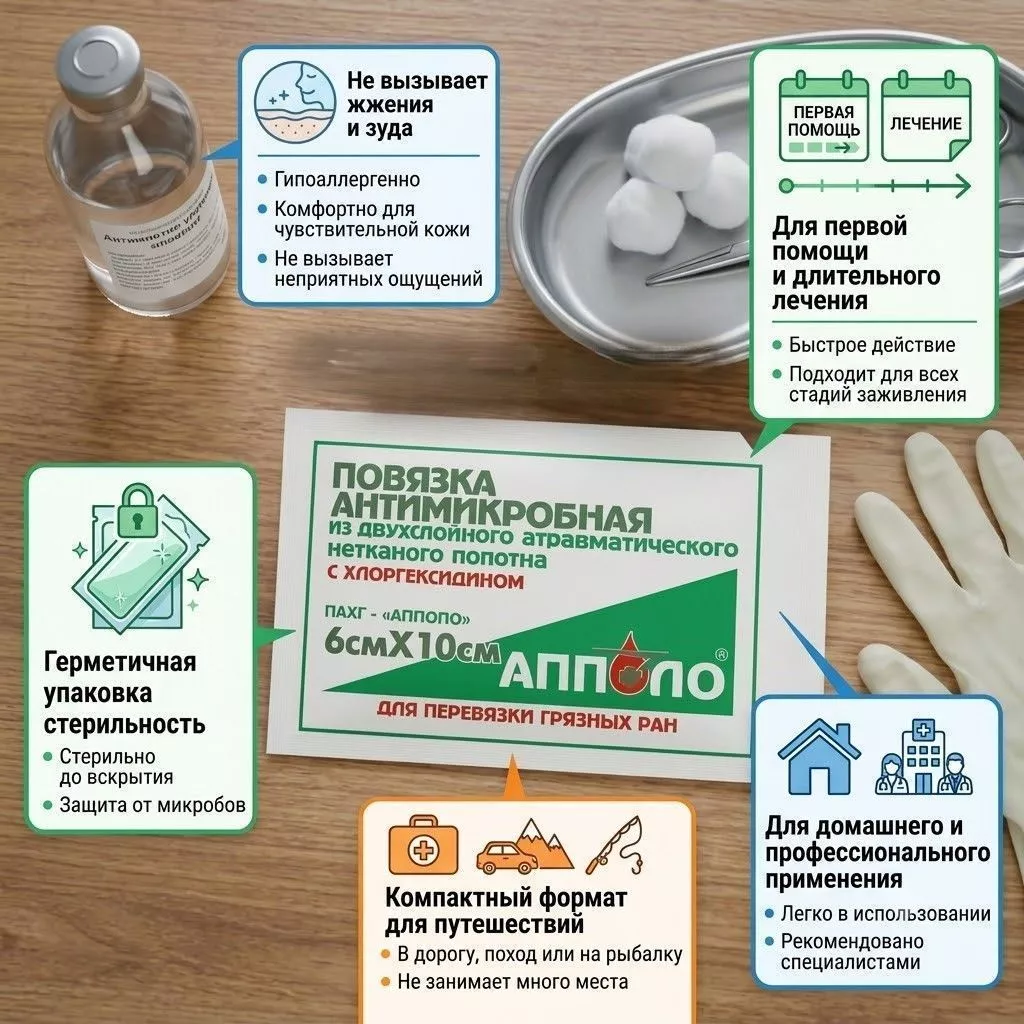 Повязка антимикробная с хлоргексидином стерильная АППОЛО 6х10 см с доставкой по России | BreadyФото 1