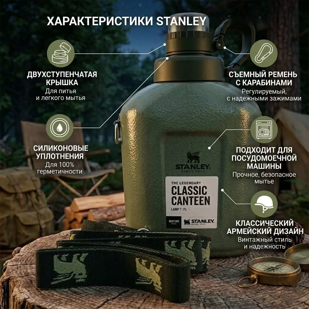 Фляга STANLEY Legendary Classic Canteen 10-11448-006 темно-зеленая 1L с доставкой по России | BreadyФото 1