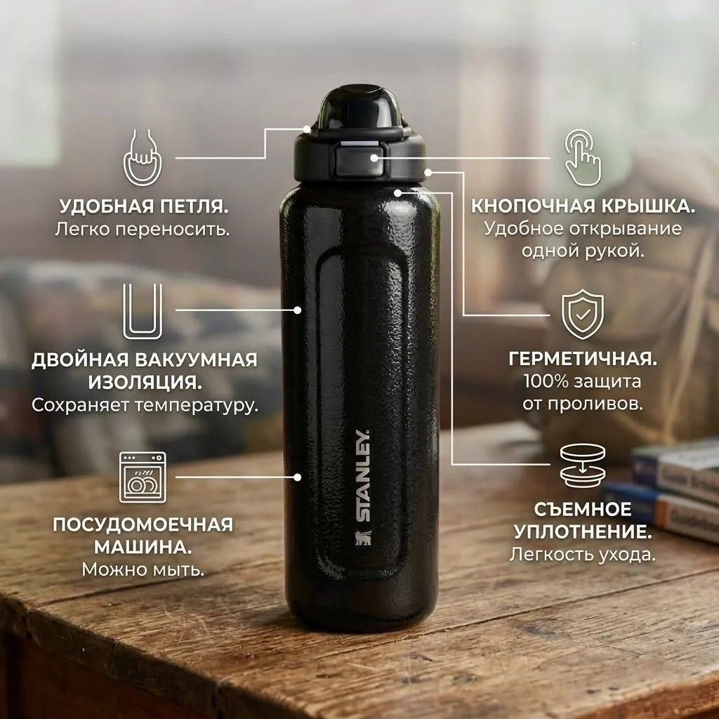 Термобутылка STANLEY The Wellspring Bottle 709 ml (10-13338) Hammertone Black черный с доставкой по России | BreadyФото 1