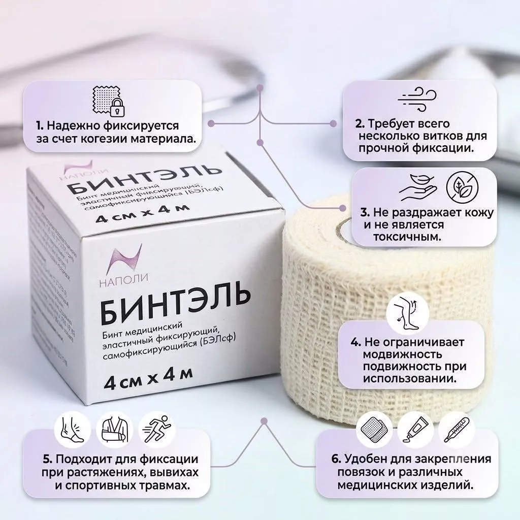 БИНТЭЛЬ Бинт медицинский эластичный, самофиксирующийся 4 см х4 м с доставкой по России | BreadyФото 1
