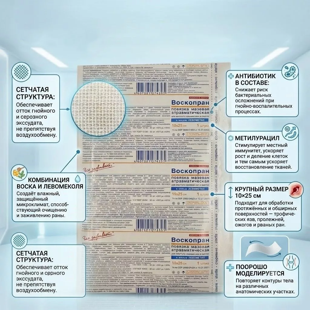 ВОСКОПРАН повязка с левомеколем (Левометил) 10х25 см №1 с доставкой по России | BreadyФото 4