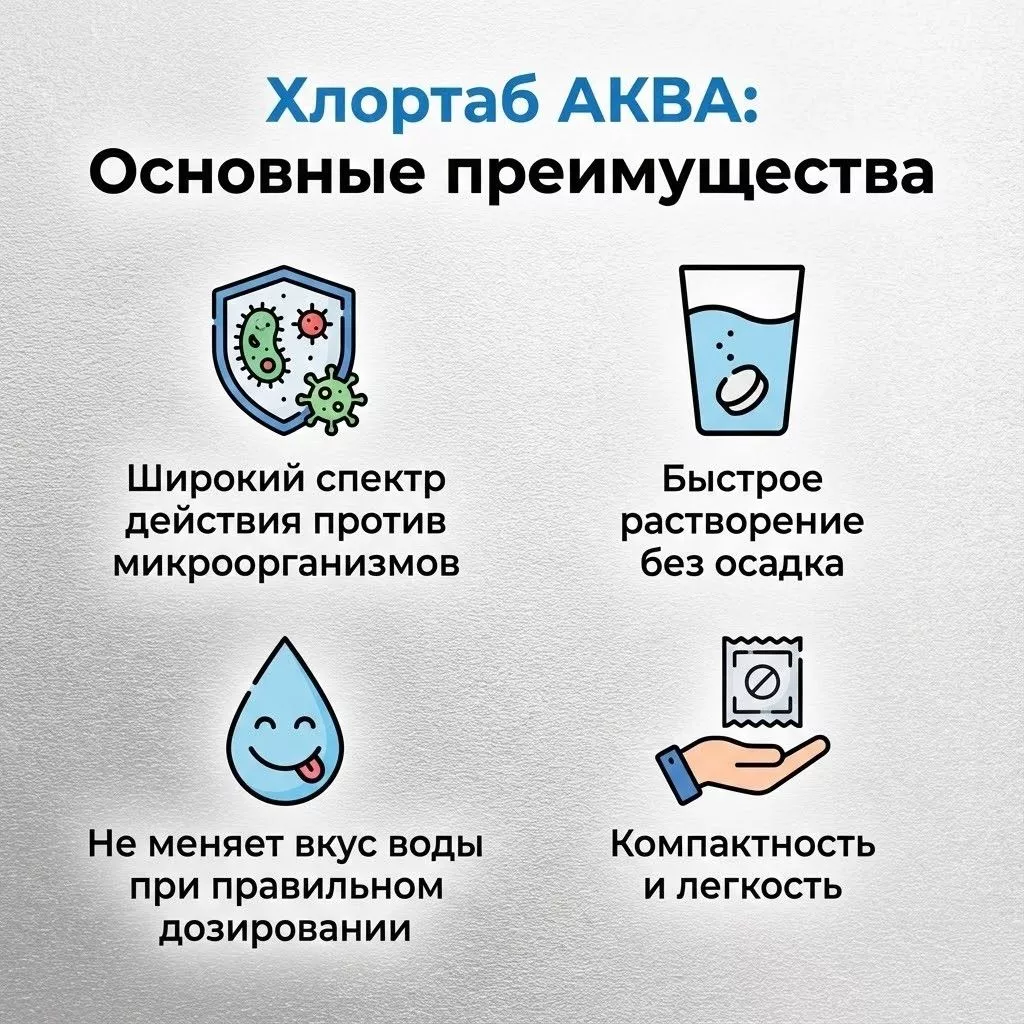Хлортаб АКВА 1, Дезинфицирующие таблетки для обеззараживания питьевой воды с доставкой по России и в Казахстан | BreadyФото 1