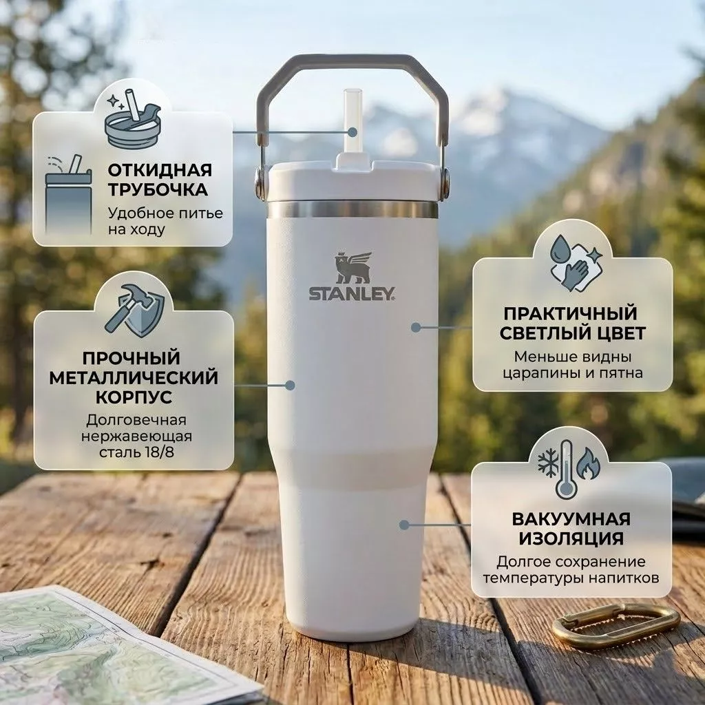 Стакан IceFlow Flip Straw Tumbler STANLEY, 887 ml, 10-09993-603 (цвет Frost) с доставкой по России | BreadyФото 1