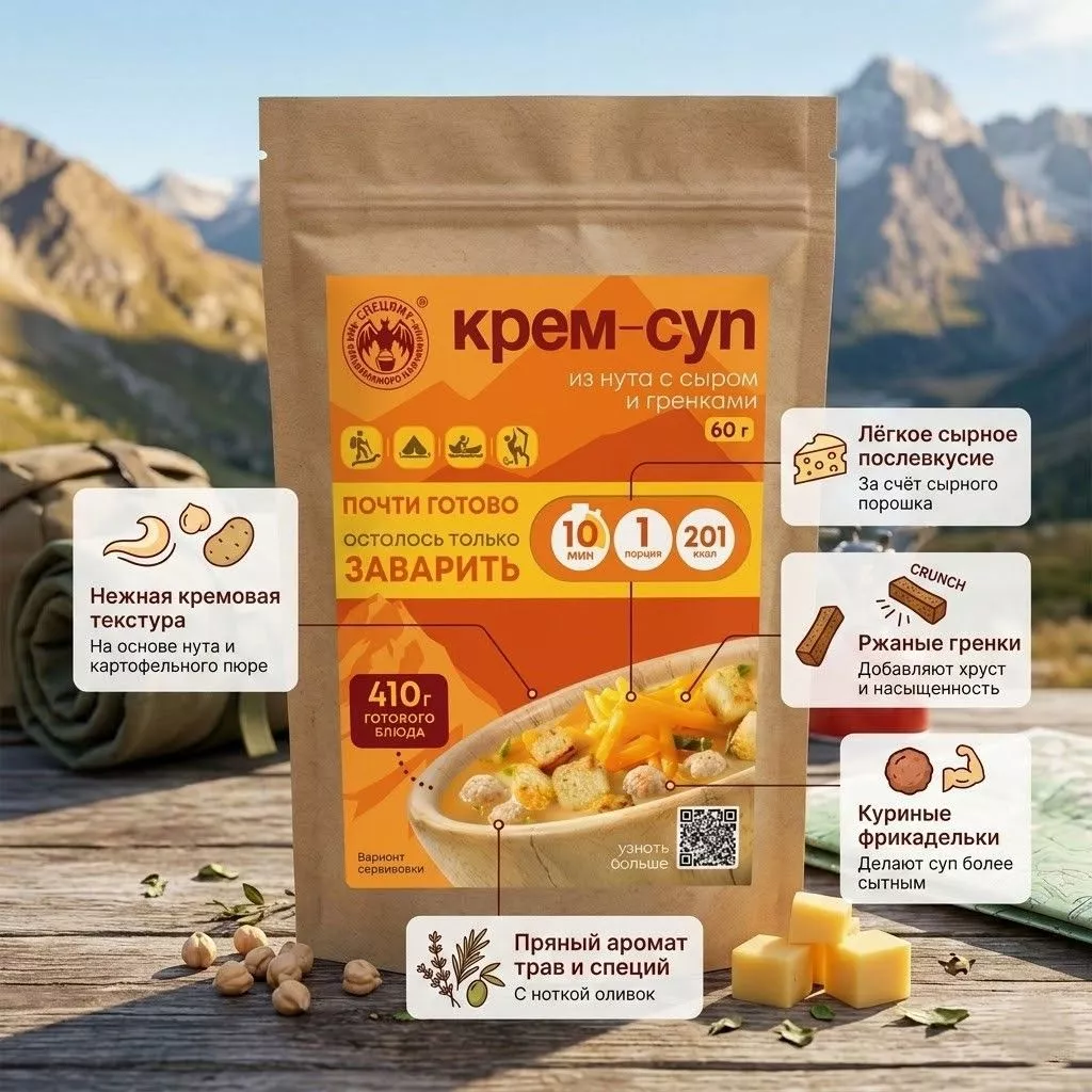 Крем-суп из нута с сыром гренками и мясом СПЕЦПИТ Крафт 60 гр. с доставкой по России | BreadyФото 1