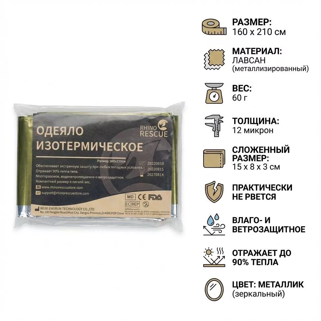 Изотермическое одеяло Rhino Rescue Emergency Blanket (160x210см) PZJJ0007 с доставкой по России | BreadyФото 1