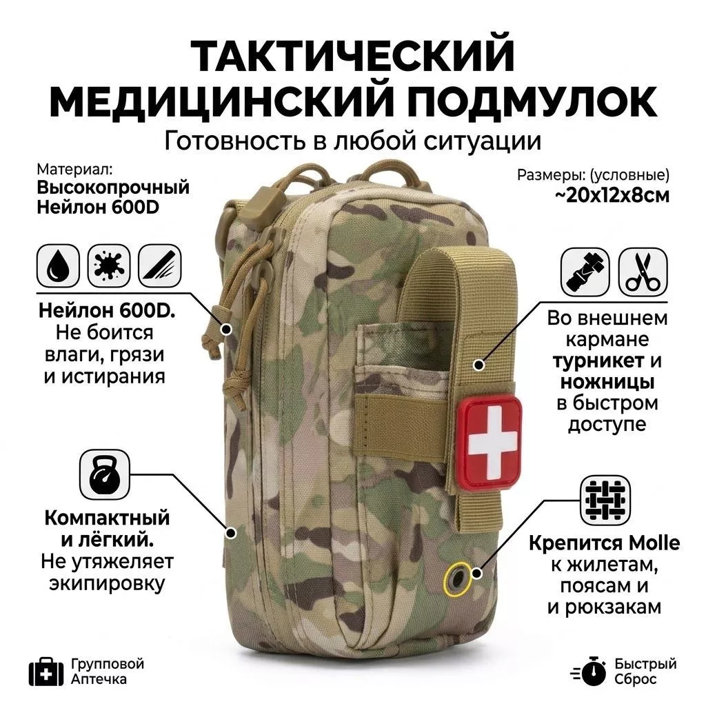Тактический медицинский подсумок облегченный, не сбрасываемый (мультикам) с доставкой по России | BreadyФото 1