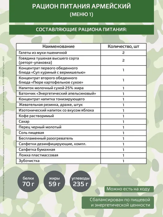 Рацион питания армейский (РПА), меню 1 "Леовит" с доставкой по России и в Казахстан | BreadyФото 0